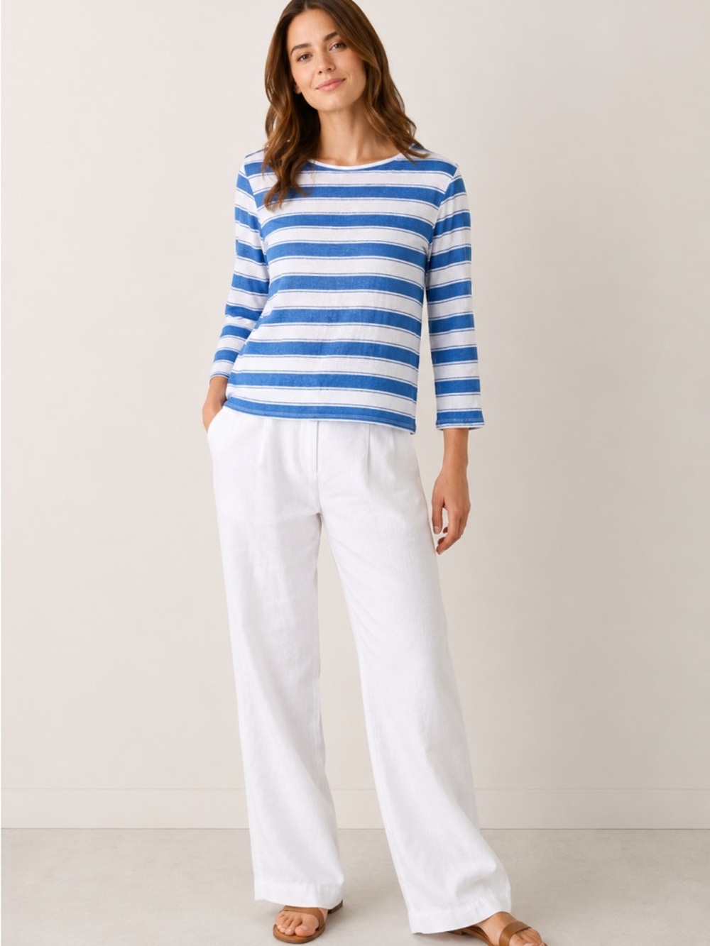 L.K. Bennett Linen Stripe Top Blue White S 3/4 Sleeve Lightweight